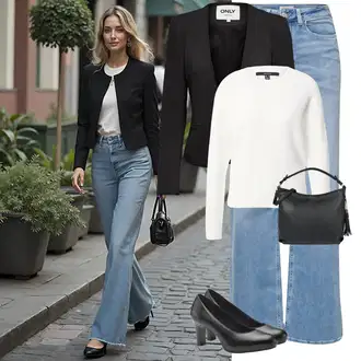 Zvonové kalhoty Outfit s Světle modrá Džíny Džín s Širokou Nohavicí/Dámské Džíny s Délkou 7/8/Zkrácené Džíny/Vintage Džíny/Džíny Volného Střihu/Dad Džíny/Pánské tričko/Džíny s Rozparkem/Zvonové Džíny/Džíny Culottes Only "Elegantní zimní outfit"