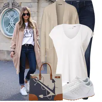 Outfity pro baculky Kancelář s Bílá/Krémová Tričko/Jednoduchý top/Tričko s vodopádovým výstřihem/Muskulární Tričko/Košilový top/Tričko s krátkým rukávem/Krátký top/Tričko s grafikou/Pánské boty/Zavinovací Tričko Vila "Stylový outfit na jaro"Look: Rad, Emo, Disko, Mom, Kancelář, Univerzitní