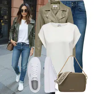 Outfity z džínu Skinny s Modrá/Tmavě modrá/Světle modrá Kožená bunda/Kotníková Bota/High Waist Džínové Kalhoty/Navlékací džíny/Džíny s Rozparkem/Push up Džín/Slim Fit Džíny/Džín s Nízkým Pasem/Džíny s Nízkým Sedem/Kožené Boty/Zimní bunda Tom Tailor "Stylový outfit na jaro"