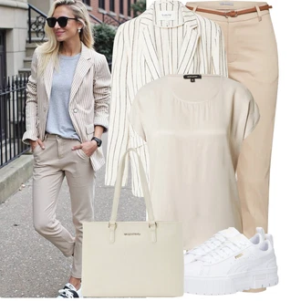 Saten Outfit sa Kaki/Smeđa/Bež/Bijela Majica I Top Veći Broj/Bluza Veći Broj/Tunika More & More "Moderna kombinacija za slobodno vrijeme"