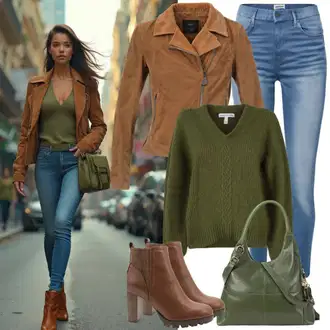 Outfit sa Bež/Smeđa Kožna Jakna/Vintage Kožna Jakna/Bajkerska Jakna/Kožna Bomber Jakna/Jakna od Umjetne Kože Faina "Modni proljetni outfit"