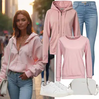 Outfit sa Pink Majica od flisa/Hoodie s poluzatvaračem/Džemper/Sportska majica/Trenirka New Balance "Modni Proljetni Outfit"