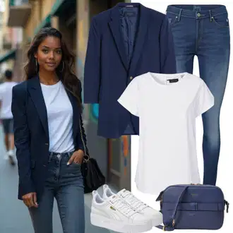 Outfit s Tmavě modrá/Modrá Kožená bunda/Push up Džín/Termální Džíny/Zimní bunda/Kožené Boty/High Waist Džínové Kalhoty Noisy may "Neformální obchodní outfit"
