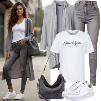 Outfit s Šedá/Bílá/Světle šedá Kožená bunda/Kožené Boty/Zimní bunda/Termální Džíny/Push up Džín/Dámské Džíny s Délkou 7/8/Slim Fit Džíny/Kotníková Bota/Motorkářské Džíny/Kožená Pánská Bund/Džíny s Rozparkem/High Waist Džínové Kalhoty jjxx "Neformální vzhled"