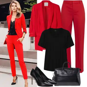 Outfit s Červená/Tmavě hnědá/Černá Culotte Kalhoty/Business Kalhoty/Obleková Kalhoty/Kalhoty se Štěrbinou/Palazzo Kalhoty/Marlene Kalhoty/Široká Kalhoty temu "Obchodní oblek"
