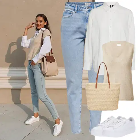 Kombinace Bílá Blůza s knoflíčkem/Halenka se Stojatým Límcem/Businessová Halenka/Dlouhá Halenka/Halenka s Dlouhým Rukávem/Oversize Halenka/Oversize Muselínová Blůza/Slip-on Halenka VERO MODA kombinovat s Béžová/Hnědá/Khaki Pletenina veľkej veľkosti/Tunika Vila