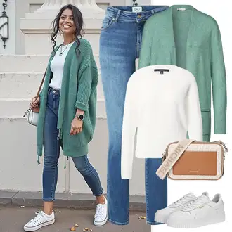 Kombinacije od trapera Pametno ležerno sa Bijela/Krem Pletivo Veći Broj VERO MODA "Outfit za proljeće"Look: Pametno ležerno, Preppy, Ured, Sveučilišna, Pomorski, klasický