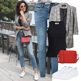 Outfity z džínu s Šedá/Béžová/Světle šedá Oblek Dlouhý Sako/Oversize Sako/Boyfriend Sako/Kostkované Sako Pieces "Perfektní na jaro"