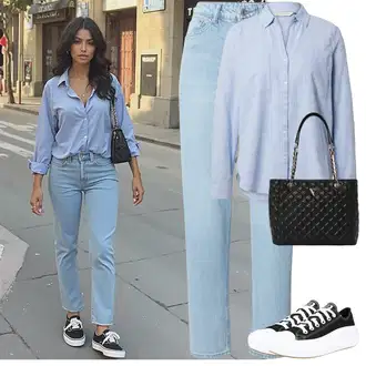 Vysoký Pas Outfit s Světle modrá Boyfriend Džínové kalhoty/Mom Jean/Zužující se Džíny/Zkrácené Džíny/Džíny s Rozparkem/High Waist Džínové Kalhoty/Rovná Džína/Girlfriend Džíny/Vintage džíny/Dad Džíny VERO MODA "Stylový outfit na jaro"