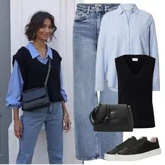 S Pertlanjem Outfit sa Svjetloplava/Plava Traperice Široke Nogavice/Formalna Košulja/Dad Traperice/Traperice s Prorezom/Mom Jean/Vrećaste Traperice/High Waist Traperice/Traperice Opuštenog Kroja/Vintage traperice/Culotte Traperice Only "Moderni outfit za proljeće"