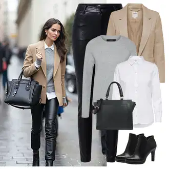 S zakovicama Outfit sa Crna/Bijela Gležnjača na visoku petu/Gležnjača s platformom/Kožna gležnjača/Kožna Jakna/Podstavljena Gležnjača/Čizma na visoku petu Tamaris "Proljetni outfit"Look: S zakovicama, Jahanje, Hodanje