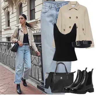 Outfit s Černá Chelsea Boty/Kotníková Bota Kožená bunda Tamaris "Módní jarní outfit"