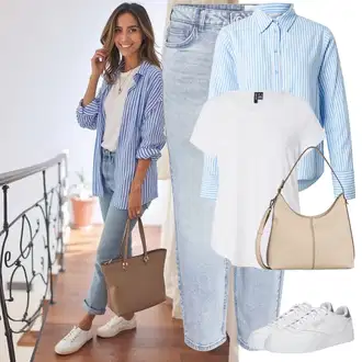 Kombinacije s "mom" trapericama Stil sa Svjetloplava/Plava Girlfriend Traperice/Sužene Traperice/Boyfriend Jeans/Skraćene Traperice/Mom Jean/High Waist Traperice/Dad Traperice/Vintage traperice Noisy may "Moderni outfit za proljeće"