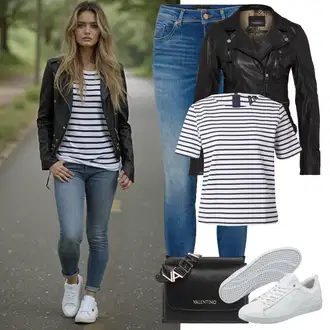 80tá léta Outfit s Černá/Šedá/Tmavě hnědá/Tmavě zelená Motorkářská bunda/Kožené Bund Bunda z Umělé Kůže/Kožené Bund/Kožená vintage bunda/Motorkářské Bund Oakwood "Perfektní na jaro"Look: Šik, Punk, Rockabilly, Rock 'n' Roll, Western, Pracovní oděvy, 80tá léta