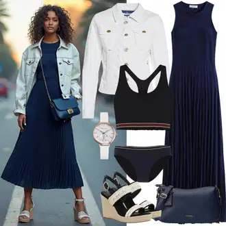 Outfit s Tmavě modrá/Modrá/Béžová Ležérní Šaty/Dlouhé Letní Šaty/Boho Letní Šaty/Plážové Šaty temu "Perfektní pro jaro"