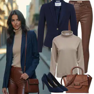 Eleganten outfit mit Rjava/Bež Fini Pleteni Pulover/Osnovni Pulover/Pulover z ovratnikom/Pulover Carmen Pepe Jeans, Bež/Khaki/Rjava Boyfriend Hlača/Korenčkove Hlače/Nagubane hlače/Hlače iz Imitacije Usnja/Hlače z Visokim Pasom/Jogger Hlača/Usnjena Hlača/Hlača z Razporkom italian fashion "Pomladanska obleka"Look: Lak, Mehko, Egirl, Preprosta, Klasična, Eleganten, Softgirl, Brez šivov, Preproste, Prevelik, Priložnostne, Pametno priložnostno, Seksi, Modna, Plemenita