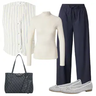 Jubilej outfit mit Temno modra/Siva/Temno siva/Modra Nakupovalna torba/Poslovna torba/Vrečka za prenašanje/Torba za čez ramo/Pisarniška torba/Torba za čez ramo/Nakupovalka Guess "Pomladna oprava"Look: Pustovanje, Koncert, Gala, Jubilej, Materinski dan