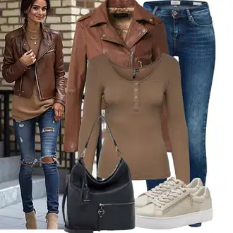 Kombinacije za jesen S oblinama sa Smeđa/Narandžasta/Tamnosmeđa Kaput Oakwood, Smeđa/Bež/Siva/Kaki Majica I Top Veći Broj/Bluza Veći Broj Pieces "Praktičan look"
