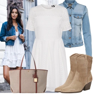 Babydoll, Styl Outfit s Bílá/Krémová/Šedá/Stříbrný Krajkové Šaty/Šaty na Konfirmaci VERO MODA "Praktický vzhled"Look: 20 léta, Babydoll, Business, Elegantní, Old Money, Příliš oblečený, Romantický, Univerzitní, Slavnostní