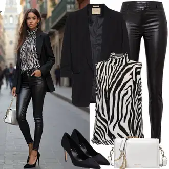 Mokri izgled Outfit sa Crna Tajice od Vinila/Hlače od Umjetne Kože/Kožna Hlača/Skinny Hlače/Tajice Kožnog Izgleda/Kožne Tajice JdY "Savršeni građevinski outfit"Look: Rap, Stil, Besprijekorno, cool, Techno, Mokri izgled, Old Money