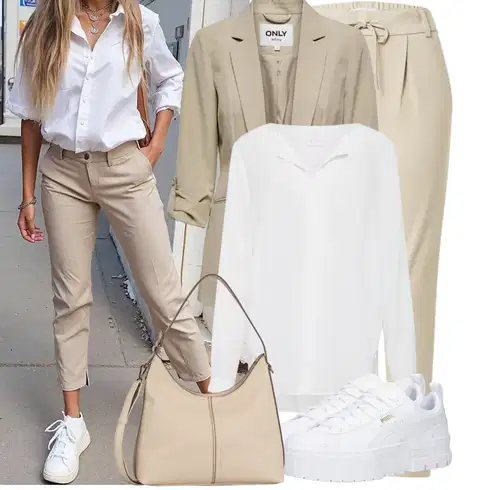 Kombinace Šedá/Hnědá/Béžová/Bílá/Krémová/Khaki Halenkové Body/Blůza s knoflíčkem/Halenka se Stojatým Límcem/Dlouhá Halenka/Halenka s Dlouhým Rukávem/Oversize Halenka/Oversize Muselínová Blůza/Slip-on Halenka/Tunikové Tričko Vila kombinovat s Béžová/Khaki/Hnědá Paperbag Kalhoty/Úzká Kalhoty/Ležérní Kalhoty/Mušelínové kalhoty/Mrkvová Kalhoty Only