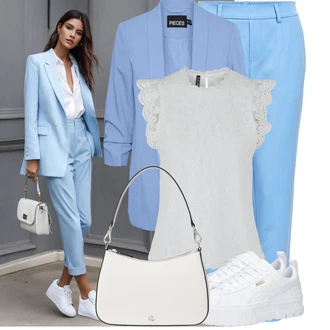 Outfit s Šedá/Krémová/Stříbrný/Bílá Halenka a Tunika/Tričko & Top Móda Pro Plnoštíhlé/Halenka Móda Pro Plnoštíhlou Pieces "Stylový look na jaro"
