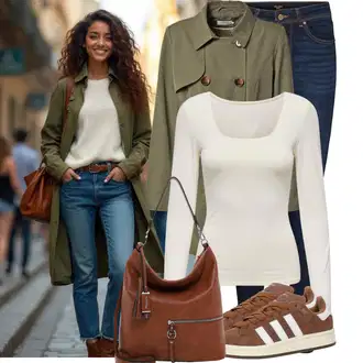 Outfity pro sport Cool s Tmavě modrá Džínové Legíny/Jeggings VERO MODA, Tmavě zelená/Khaki/Zelená Vojenský Kabát/Letní Kabát/Trenčkot/Lodenový kabát/Přechodový Kabát/Trenčkot Only "Stylový look na jaro"Look: Styl, Cool, Disko, Old Money, Bezešvé, Skromné, Francouzské, Irský, Námořní, Moderní, Venkovní, Univerzitní, Pracovní oděvy