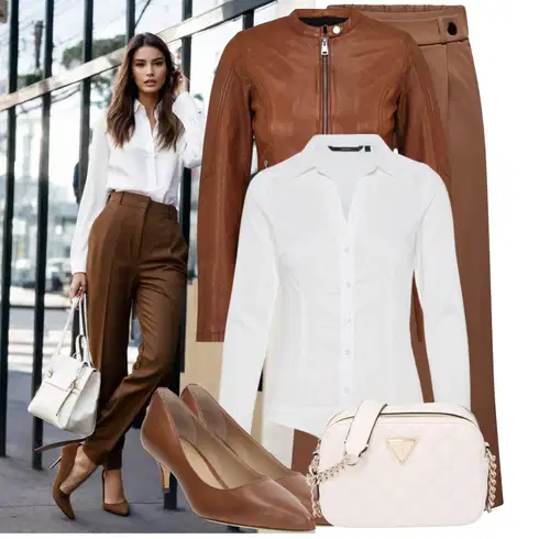 Kombinace Khaki/Hnědá/Béžová Plisovaná kalhoty/Široká Kalhoty/Palazzo Kalhoty/Plisovaná Kalhoty/Culotte Kalhoty/Kalhoty se Štěrbinou/Tradiční Kalhoty/Kalhoty s Vysokým Pasem/Slinky Kalhoty/Rozšířená Kalhoty/Mušelínové kalhoty JdY kombinovat s Bílá/Krémová Halenka Slim Fit/Halenkové Body VERO MODA