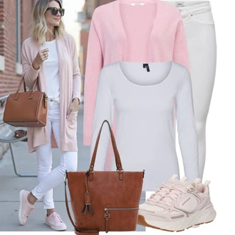 Kombinacije od trapera Zima sa Siva/Krem/Bijela/Srebro/Ljubičasta/Pink Obični top/Duga košulja/Muške tenisice za trčanje/Majica dugih rukava/Dugi top VERO MODA "Moderni outfit za proljeće"