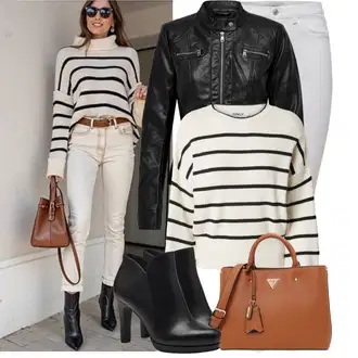 S zakovicama Outfit sa Crna/Bijela Gležnjača na visoku petu/Gležnjača s platformom/Kožna gležnjača/Kožna Jakna/Podstavljena Gležnjača/Čizma na visoku petu Tamaris "Moderna kombinacija za proljeće"Look: S zakovicama, Jahanje, Hodanje
