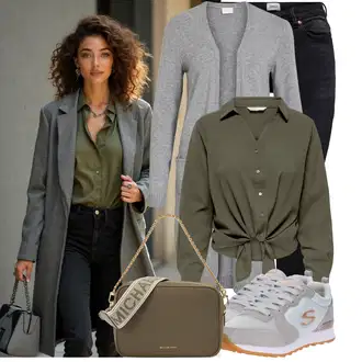 Zapínání na knoflíky Dlouhé Outfit s Šedá/Tmavě šedá/Světle šedá Pletenina veľkej veľkosti/Šaty Móda Pro Plnoštíhlou/Kabát/Tunika Vila "Stylová kombinace na jaro"