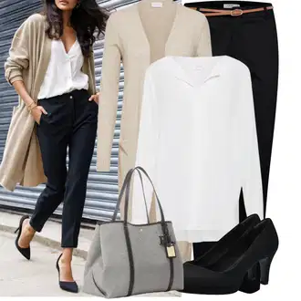 Kombinacije za jesen S oblinama sa Bež/Kaki/Smeđa Pletivo Veći Broj Vila, Siva/Bijela/Krem/Kaki/Bež/Smeđa Bluza i Tunika/Bluza Veći Broj Vila "Praktičan look"