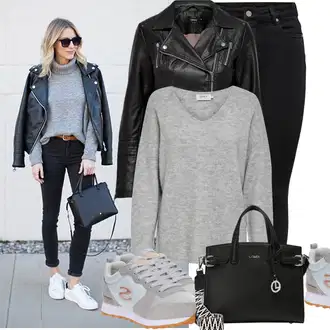 Outfit sa Crna Kožna Jakna/Bikerske Traperice/Traperice s Prorezom/Push-up Traperice/Kožne Cipele/High Waist Traperice/Termo Traperice Only "Moderan outfit za slobodno vrijeme"
