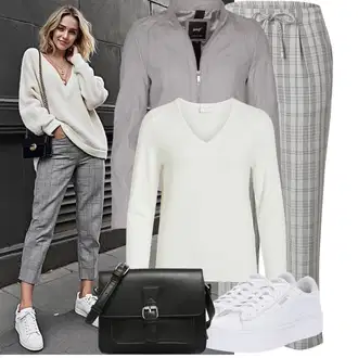 Outfit sa Bež/Bijela/Kaki/Krem/Svjetlozelena Basic Džemper/Pulover s V-izrezom/Džemper Od Kašmira/Jednostavni Džemper/Carmen Džemper/Kašmir Džemper/Termo Džemper Vila "Moderan outfit za slobodno vrijeme"