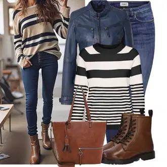 Outfit s Černá/Žlutá/Bílá/Hnědá/Tmavě modrá Sveter Pruhovaný Svetr VERO MODA "Jarní outfit pro ženy"