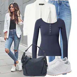 Kombinacije od trapera Zima sa Plava/TamnoPlava Majica I Top Veći Broj/Bluza Veći Broj Pieces "Proljetni outfit za žene"
