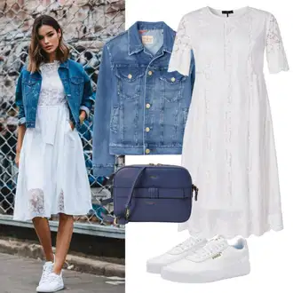 Outfit s Bílá/Krémová Šaty Bez Ramínka/Občanské šaty/Krajkové Šaty/Svatební Šaty/Šaty na Konfirmaci/Francouzské šaty/Boho Šaty na Svatbu/Šaty na Křtiny/Mušelínové šaty True Decadence "Stylová kombinace pro jaro"