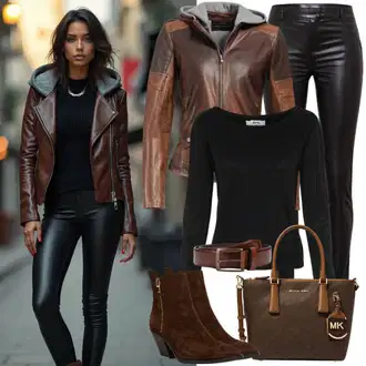 Outfit sa Bež/Smeđa Kožna Jakna/Vintage Kožna Jakna/Bajkerska Jakna/Kožna Bomber Jakna/Jakna od Umjetne Kože Faina "Svakodnevna odjeća"