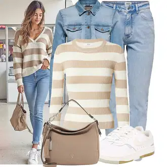 Outfit s Béžová/Oranžová/Hnědá/Khaki/Bílá Pruhovaný Svetr/Jednoduchý Svetr JdY "Cool outfity na volný čas"