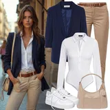 Kombinovat béžové kalhoty s modrými saky a blejzry image