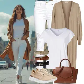 Outfity pro léto Elegantní, Sportovní s Khaki/Béžová/Hnědá/Šedá Kašmírový kardigán/Dlouhé Kardigany/Svetr kroj/Letní svetr/Svetr s podšívkou influencer, Hnědá/Šedá/Béžová/Fialová Obchodní Taška/Taška/Taška Přes Rameno/Kancelářská Taška/Shopper taška/Sportovní Taška Přes Rameno/Teddy taška/Taška Na Rameno Guess, Bílá/Béžová/Zlatý Nízká Teniska/Úzká teniska/Letní tenisky/Kožené tenisky Adidas "Volnočasový outfit"Look: Elegantní, Old Money, Příliš oblečený, Nadrozměrné, Univerzitní, Rad, Bad Taste, Šik, Slavnostní, Pro Dům, Kancelář, Premium, Sportovní