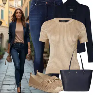 Jubilej outfit mit Modra/Temno modra Nakupovalna torba/Nakupovalka/Pisarniška torba/Poslovna torba/Velika torba/Torba za čez ramo/Torba za čez ramo/Vrečka za prenašanje Polo Ralph Lauren "Pisarniška oblačila"Look: Bar, Materinski dan, Jubilej, Pustovanje, Koncert