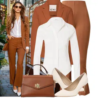 Outfit s Béžová/Hnědá/Khaki/Oranžová Kalhoty Rozšířené legíny/Zvonové Legíny/Kožené zvonové Kalhoty/Legíny s Rozparkem/Kalhoty se Štěrbinou/Slinky Kalhoty/Rozšířená Kalhoty nu-in "Stylové kombinace pro volný čas"