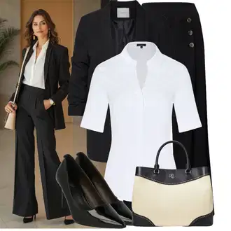 Outfit sa Crna/Žuta/Tamnoplava Palazzo Hlača/Hlače od muslina/Široka Hlača/Hlače Visokog Struka/Culotte Hlačice/Hlače s Prorezom/Marlene Hlača/Lanene Hlače/Tradicionalna Hlača Edited "Moderni outfit za proljeće"