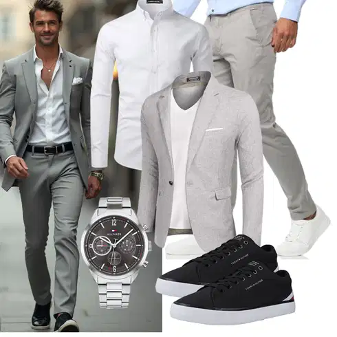 Boyfriend Grau/Weiß BusinessHemd/Business Hemd PARKLEES kombinierenLook: Elegant, Casual, Boyfriend, Stil, Büro, Business, Smart Casual, Edel, Unisex, Preppy, Ausgefallene, Nahtlos, Schlichte