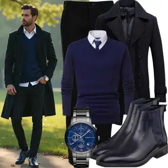 Mit Absatz Outfit mit Dunkelblau/Blau Chelsea Boot/Stiefelette Lederjacke/Flache Stiefelette Tommy Hilfiger "Business Outfit"
