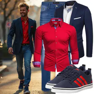 Keilabsatz Outfit mit Dunkelblau/Blau/Hellblau Schuh Sneaker Low/Schmaler Sneaker/Sommer Sneaker/Vintage Sneaker/Leder Sneaker/FreizeitSchuh Tommy Hilfiger "Business Outfit"