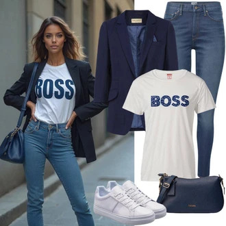 Outfit s Modrá/Tmavě Modrá/Světle Modrá Kožená bunda/Zimní bunda/Kotníková Bota/Dámské Džíny s Délkou 7/8/Kožená Pánská Bund/Kožené Boty/High Waist Džínové Kalhoty/Push up Džín Only "Chladnější vzhled pro jaro"