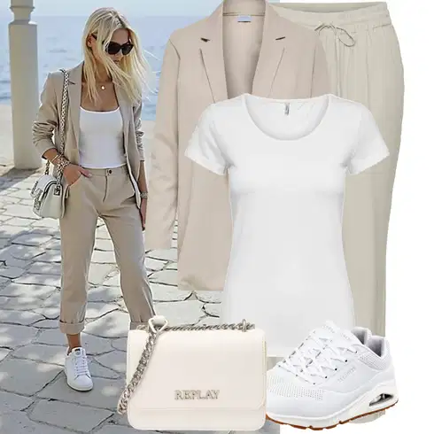 Kombinace Hnědá/Khaki/Béžová Rovná Kalhoty/Paperbag Kalhoty/Navlékací Kalhoty/Ležérní Kalhoty/Lněné Kalhoty/Mušelínové kalhoty/Kalhoty s nášivkou uprostřed VERO MODA
