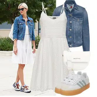 Outfit s Šedá/Bílá/Krémová Letní Šaty/Žerzejové Šaty/Šaty Na Ramínko/Skater šaty/Pletené Šaty/Šaty Do Áčka/Šaty na tenké ramínko/Šaty Ze Síťoviny/Sportovní Šaty Only "Stylový outfit na jaro"